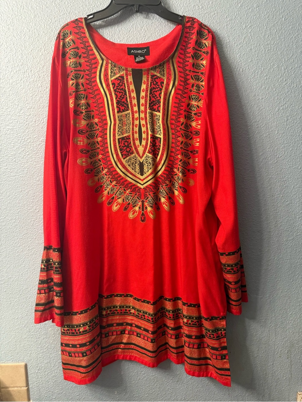 Ashro Red Tunic Top with Gold & Black Embellished Yoke size XLArge